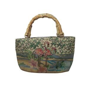 Vintage 90s Y2K Beaded Funky Flamingo Purse Bamboo Handles Marlo